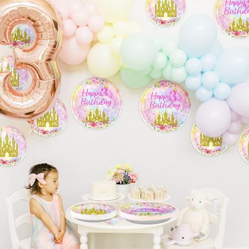Image of Grencian 96 Pcs Princess 3rd Birthday Party Decorations, Serves 24 | Her Royal Threeness Plates and Napkins Pastel Rainbow Castle Tableware Set for Girls Princess Three Years Old Party Supplies