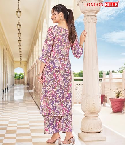 Image of London Hills Women Printed Kurta with Pant Salwar Suit Set || Plazo Kurti Cotton Set
