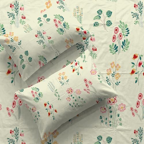 Image of Urban Space Serene 100% Cotton Bedsheet for Double Bed, Floral Queen Size Bed Sheet with 2 Pillow Covers (88 x 100 Inches, Eden Cream)
