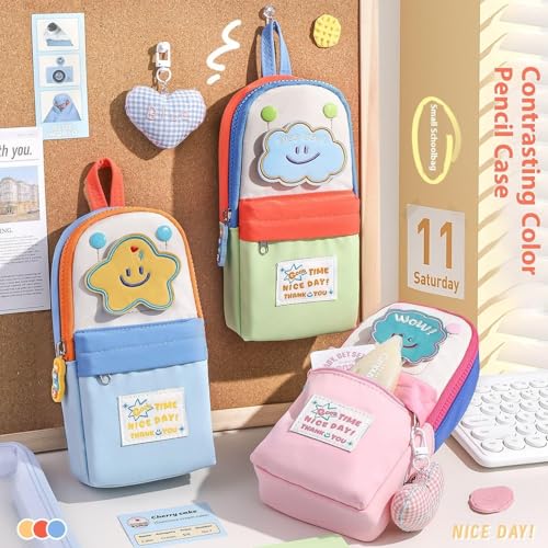 Image of Canvas School Bag Pencil Case, 3 Layer 6 Compartment Large Capacity, Aesthetic Pencil Pouch for Stationary, Cute Stationery for Kids, Pencil Case for Girls & Boys (Green Clouds)
