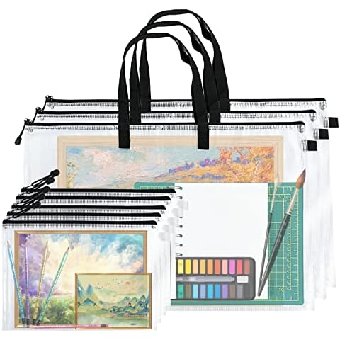 Aemygo 8 Pcs Art Portfolio Bags Set, Waterproof Mesh Posters Organizer Art Supply Transparent Storage Bags with Zipper and Handle, Mesh Zipper Pouch A4 Pencil Bags for Posters Artwork Bulletin Board Cover