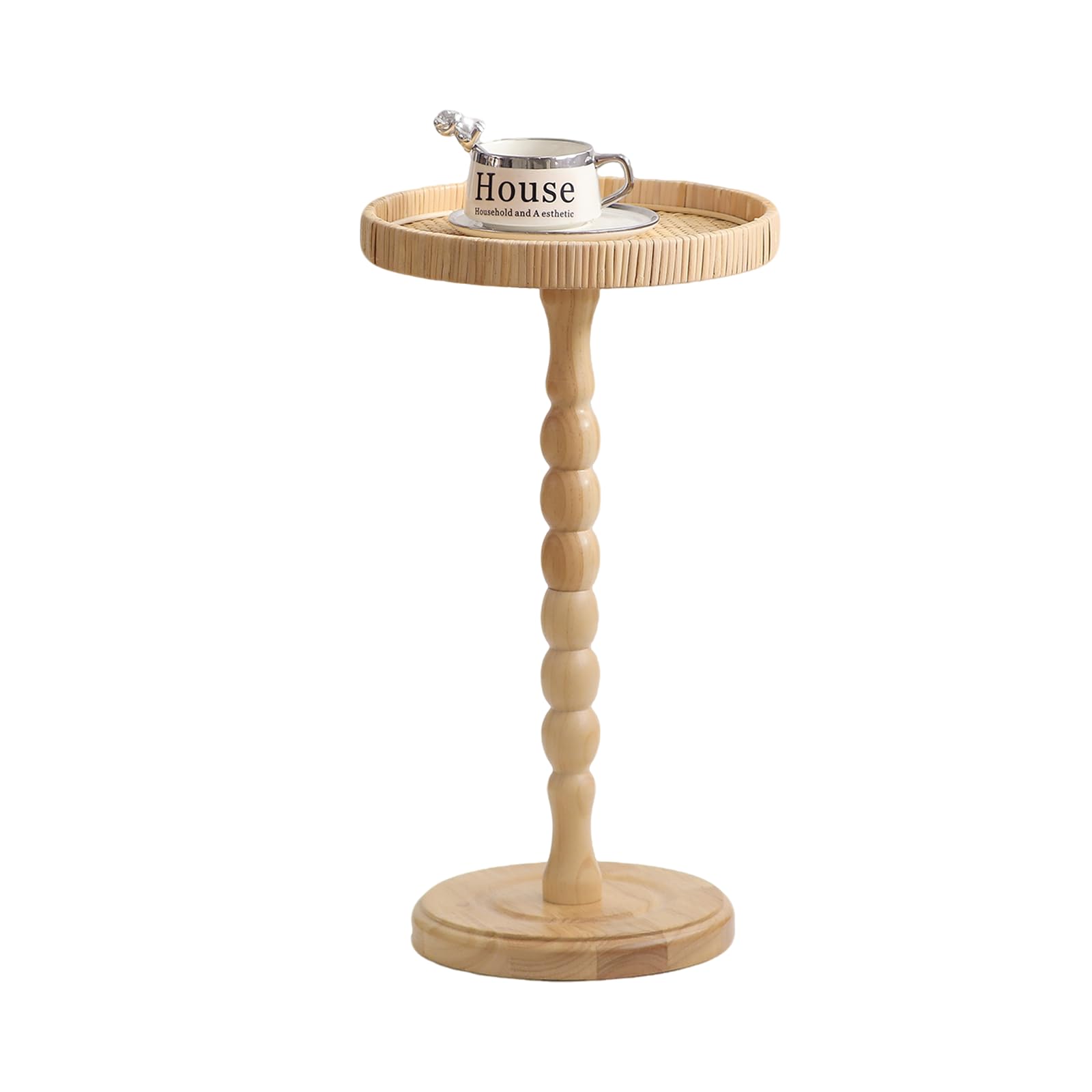HuiDao Small Side Table，Rattan Round Drink Tables for Small Spaces, Boho Circle Accent Table Coffee Table with Solid Wood Leg for Living Room, Pedestal Table for Bedroom, Corners