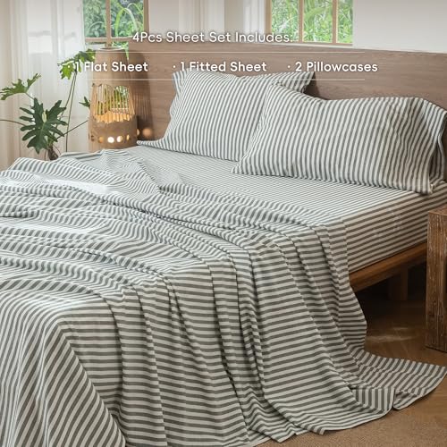 MooMee Striped Sheet Set 100% Washed Cotton Linen Like King by MooMee - Image 2