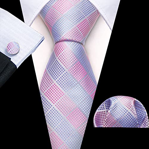 Image of Barry.Wang Plaid Ties Check Mens Necktie Set with Handkerchief Cufflinks Classic Stripe