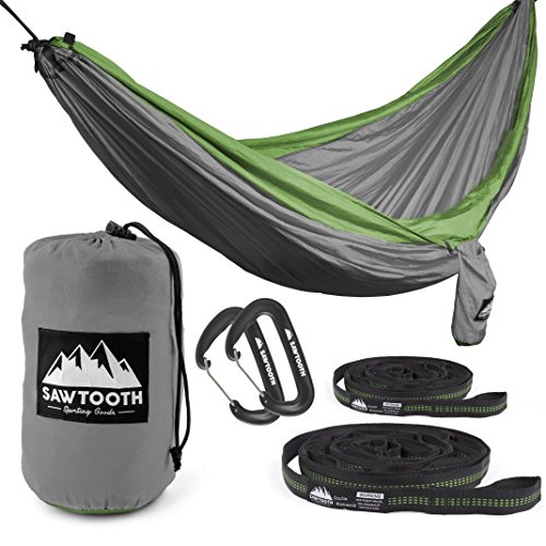 Sawtooth Double Camping Hammock with Tree Straps and Aluminum Carabiners - Complete KIT - Lightweight Portable Parachute Nylon for Backpacking Hiking Travel Beach Park Yard.(Green)