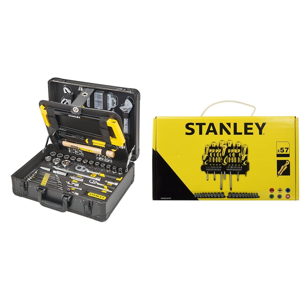 STANLEY Maletín de Mantenimiento 142 Piezas, Alicates y Cortapuntas, Llave & STHT0-62143 Set de 57 Piezas, Destornilladores y Puntas de Destornillador de 25 mm