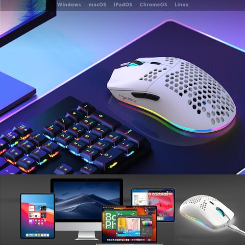 CROSS ZEBRA T66 PC Gaming Mouse, BT/2.4G Wireless/Wired, Lightweight Honeycomb Shell, Macro Program, Cool RGB Light, 650mAh Large Battery, 3600 DPI, for PC Gamer -White