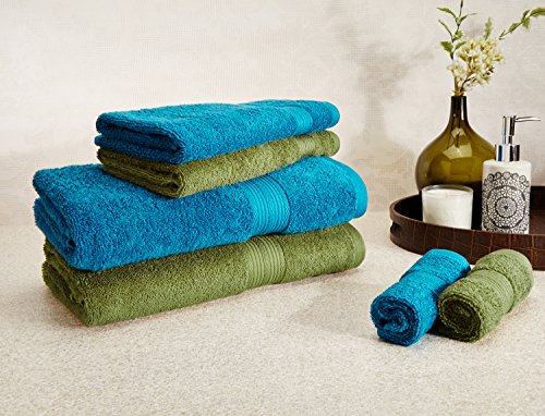 Image of Amazon Brand - Solimo 100% Cotton 6 Piece Towel Set, 500 GSM (Olive Green and Turquoise Blue)