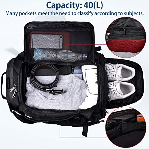 Gym Duffle Bag Waterproof Travel Weekender Bag for Men Women Duffel Bag Backpack with Shoes Compartment Overnight Bag 40L (Black)