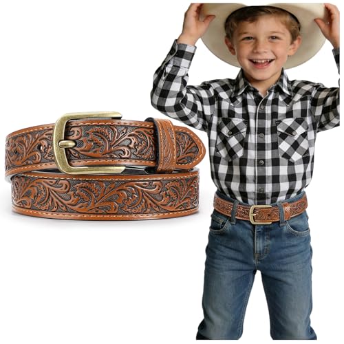 JKEEMI Kids Western Belt 1.1 Width Girls Boys Cowboy Leather Belt with Vintage Buckle & Floral Curved - for Jeans Dresses