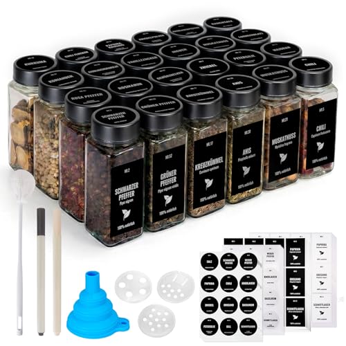 Boic Gewürzgläser Eckig 24er Set, 120ml Gewürzstreuer Mit Edelstahl Drehdeckel, Gewürzbehälter Gewürz Organizer Mit Etiketten Auf Deutsch Gewürzdosen Gewürze Organizer Für Gewürzorganizer (Schwarz)