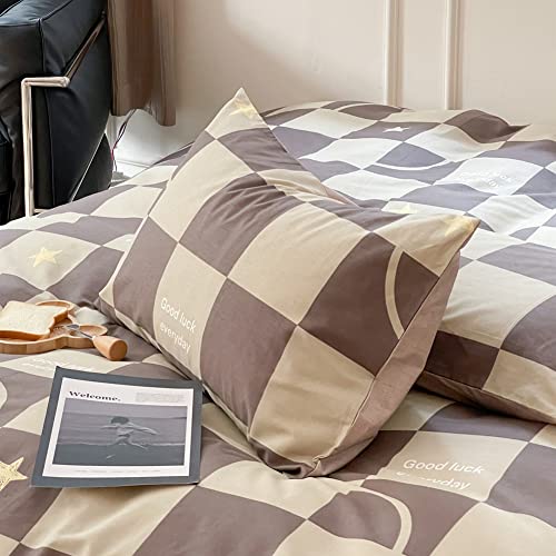 Liwhenhao Check Duvet Cover Set Twin 100% Cotton Bedding Brown Checkered Plaid Meteor Pattern 1 Geometric Grid Comforter Cover Zipper Closure 2 Pillowcases For Kids Girls Boys #TOP5