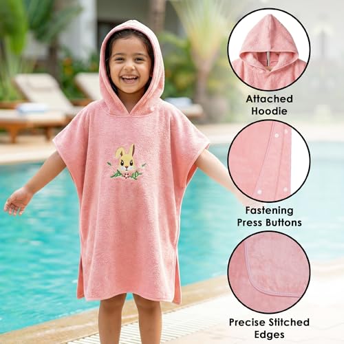 Image of Story@Home Poncho Towel for Kids with Hood | Quick Dry Kids Towel | Soft Lightweight Baby Wrap for Beach 300 GSM 120 X 60CM Pool Towel for Boys & Girls |Kids microfiber towels for bath -Peach - Rabbit