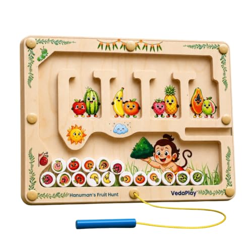 Image of Hanuman's Fruit Hunt - Vedic Wooden Magnetic Maze | Montessori Toy for Toddlers 15M+ | Birch Wood, Made in India, Non-Toxic | Screen-Free Play, Sealed Magnets, Shatter-Proof | Birthday Gift