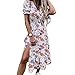 WishKu Robe décontractée Femme Floral Col V Boutons Agrémentée Manches Courtes Fentes Mi-Longueur Tunique Femme Robe Plissée Coupe Slim Coupe Basse Usage Quotidien Femme Robes D'été D-Purple XXL