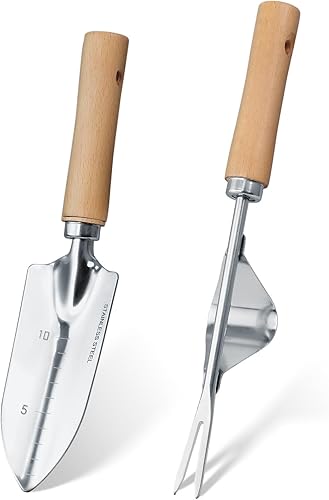 Juego de herramientas de jardín, 2 piezas de herramientas de jardín resistentes de acero inoxidable, kit de jardín con mango de madera ergonómico,