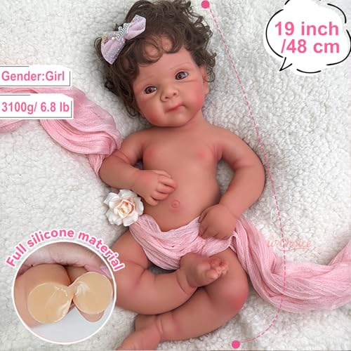 19 inch Open Mouth Full Body Silicone Baby Dolls with Hair, Lifelike Soft Reborn Baby Doll Girl Anatomically Correct Newborn Babies – Bild 6