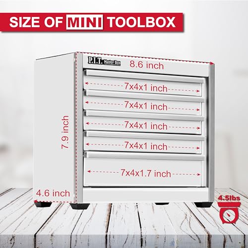 P.I.T. Mini Tool Box,Small Metal Toolbox Organizer with 5 Drawers,White