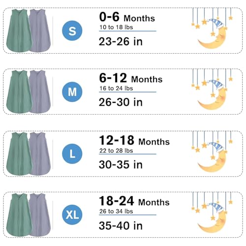 Image of BSTOPPT 2 Pack Baby Sleep Sack 0-24 Months Baby Sleeping Bag 2-Way Zipper Toddler Wearable Blankets (Gray&Green TOG 0.3, Large)