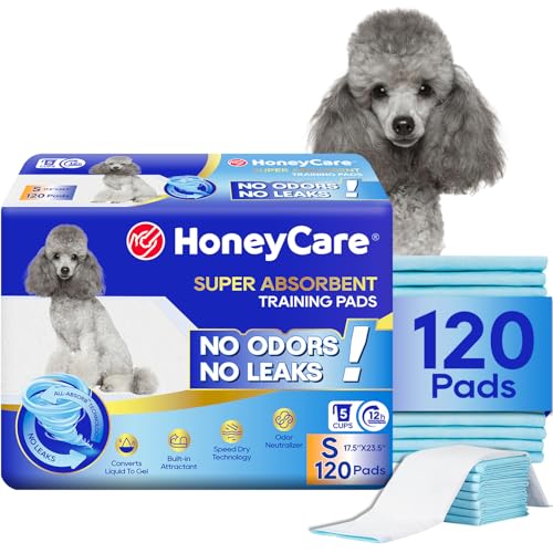 Honey Care All-Absorb, Small 17.5' x 23.5', 120 Count, Dog and Puppy Training Pads, Ultra Absorbent and Odor Eliminating, Leak-Proof 5-Layer Potty Training Pads with Quick-Dry Surface, Blue, A05