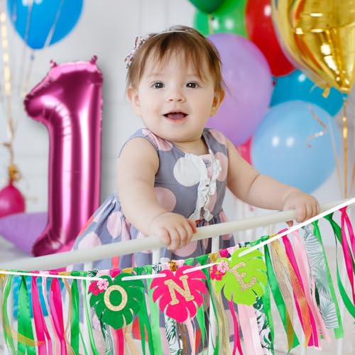 Image of Hawaiian Aloha High Chair Banner for 1st Birthday Party Decoration Tropical Hawaiian Luau One High Chair Tassel Garland Banner for Girls Baby Shower Moana 1st Birthday Party Backdrop Decoration