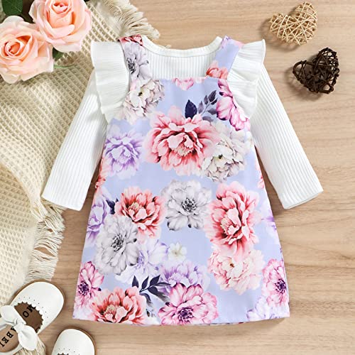 Macacão infantil para meninas manga longa com nervuras macacão com estampas florais suspensórios sai