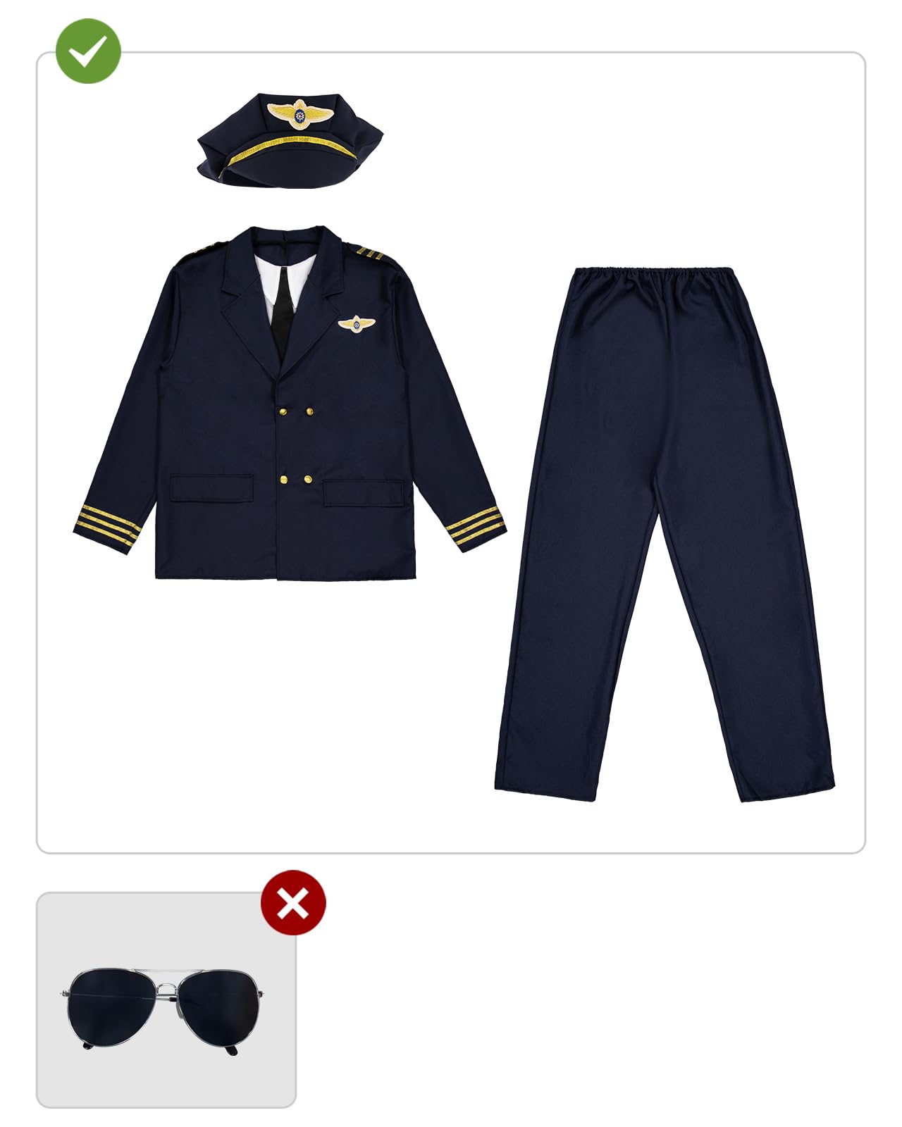 Funidelia Flugzeugpilot Kostüm für Herren, originelle Verkleidung mit Brustlatz, Krawatte, Hose und Mütze, Karneval, Halloween und Party Kostüme