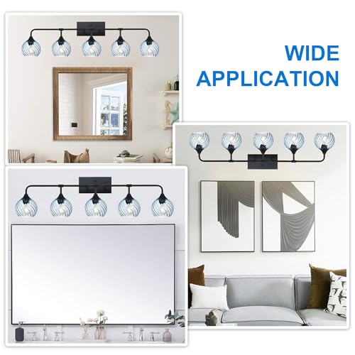 Image of MELUCEE 5-Light Bathroom Light Fixtures 42 Inches, Matte Black Vanity Lights with Blue Striped Swirl Glass Shade, Mid-Century Modern Bathroom Vanity Light Over Mirror