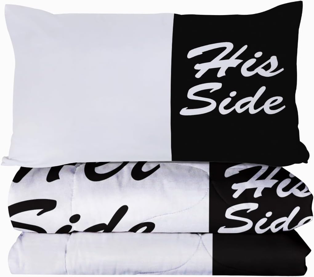 BlessLiving His Side & Her Side Comforter Set Black and White Bedding Set Modern Couple Comforter Set for Adults Women Men (King)