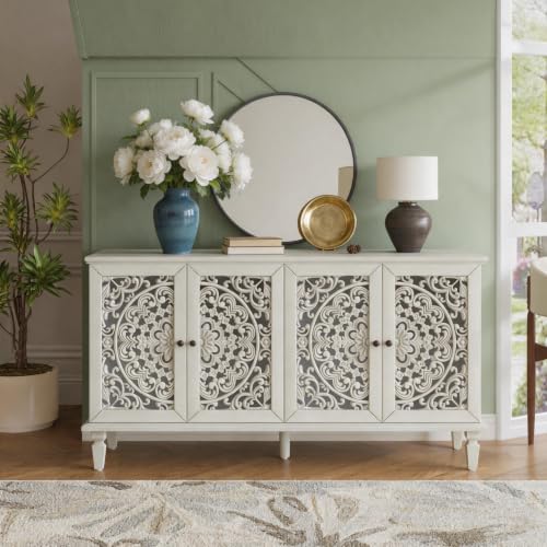 Image of White Sideboard Cabinet with Carved Doors, White Buffet Cabinet, Vintage Cabinet with Doors and Shelves, Farmhouse Storage Cabinet for Dining Room, Living Room & Entryway