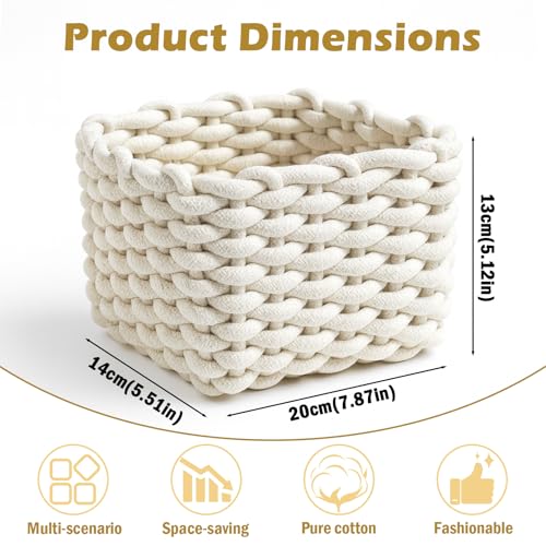 2 Stück Aufbewahrungskorb Geflochten Baumwolle Strickkorb, Quadratische Körbchen Geflochten Klein Wickeltisch Organizer, Korb Weiß für Schränke, Bad, Küche, Kinderzimmer-20 x 15 x 12 cm