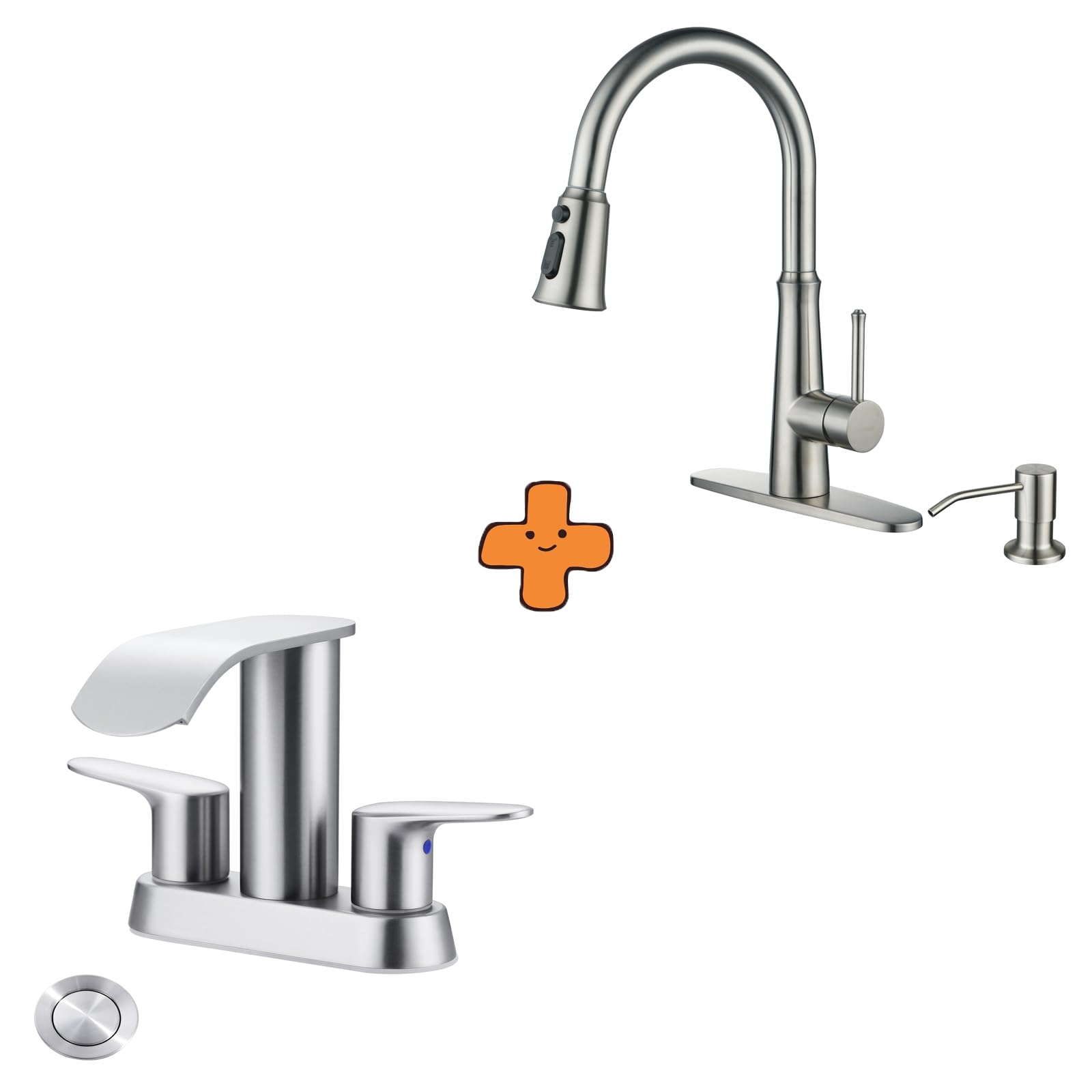 Jnfidosr Waterfall Bathroom Sink Faucet,Brushed Nickel Two Handles Bathroom Faucet And Kitchen Faucet With Sprayer,Brushed Nickel Single Handle High Arc Stainless Steel Kitchen Faucet Tap