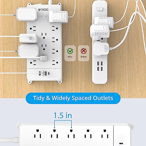Power Strip Surge Protector - White Extension Cord With Usb, Trond 13 Widely-Spaced Outlets & 4 Usb Ports(1 Usb C), 5Ft, Flat Plug, Under Desk, Wall Mount, Mountable, 4000J, Office, Home, Etl Listed #TOP5