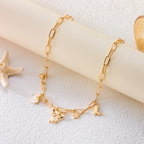 RINHOO Charm Necklace for Women 14K Gold Plated Shell Starfish Bow Pendant Necklace Summer Beach Paperclip Chain Jewelry Gifts (Style 1) - image 6