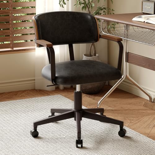 BERYTH Mid-Century Modern Desk Chair with Walnut Bentwood Design,Retro Home Office Chair with Adjustable Height,360°Swivel,Smooth Rolling Casters,Small Computer Chair PU Leather (Black)