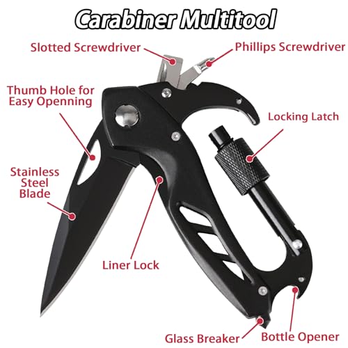JUXWONE Carabiner with Knife, Multitool Carabiner Pocket Knife, Folding Sharp Knives, Sturdy Handy Tool, Belt Cutter, Bottle Opener, Window Breaker, Screwdriver, for Safety in Car, Camping, Hiking