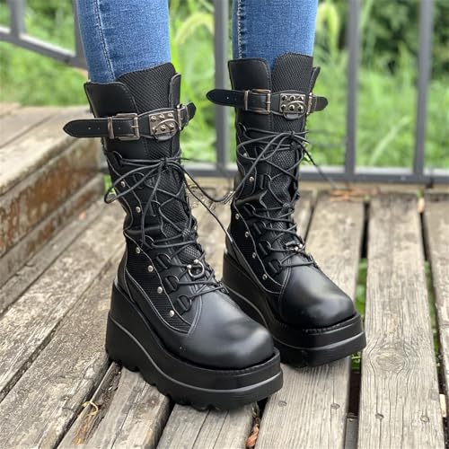 SACFOF Womens Goth Platform Boots Chunky Wedge Heel Rave Combat Boots Lace Up and Zipper Round Toe Mid Calf Motorcycle Booties2