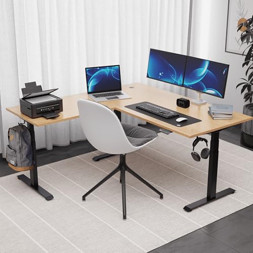 Image of Intellidesk Studio L Shaped Standing Desk Corner Electric Height Adjustable Standing Desk, Sit Stand Computer Workstation with 3-Stage Triple Motor System (White+Walnut, 70(M) * 30 * 70(R) Inches)