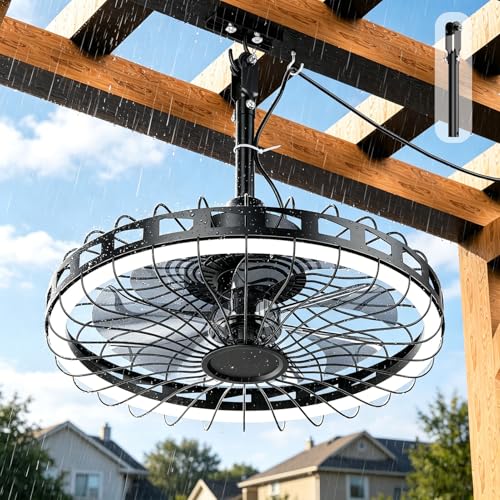 Unenrui 20' IP65 Waterproof Outdoor Ceiling Fan with Light, Plug-in Caged Design, 3CCT Dimmable & 6-Speed Adjustment for Patio Porch Pergola