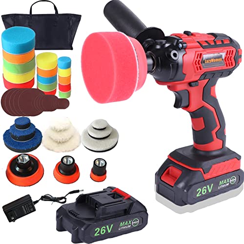 Cordless Car Buffer Polisher Kit, 2 X 2.0Ah Rechargeable Batteries, 48pcs Car Detailing Supplies, Red Plastic ABS Polisher, 8300 RPM, Automotive Power Polishers and Buffers