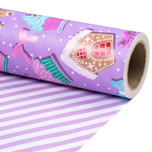 RUSPEPA Christmas Reversible Wrapping Paper Roll for Kids Girls, Mini Roll, Purple Gingerbread Cookies, Candy Canes and White Purple Stripes Ideal for Gifts, Christmas, 43.2cm x 5m