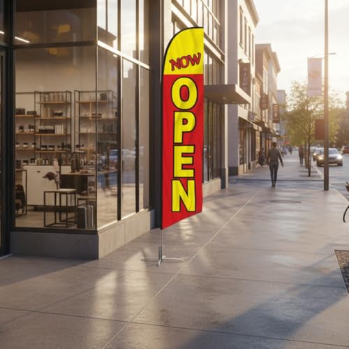 Image of The Flag Company Now Open Feather Flag 8ft Includes X-Base, Poles & Water Bag | Durable Advertising Flag for Businesses, Stores, Restaurants & Events