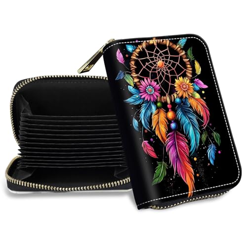 DHYYDSQZ Credit Card Holder with Zipper, Slim RFID Blocking Card Wallet for Women Men Dream Catcher Design PU Leather Small Accordion Card Case Wallet, ID Card Organizer, Pocket Business Card Case