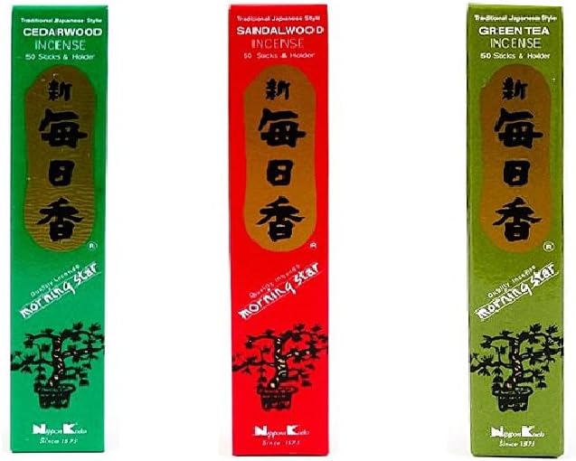 Morning Star Incense Bundle of 3 x 50 Sticks Boxes (Cedarwood, Sandalwood, Green Tea) - Premium Incense Sticks - Traditional Japanese Style