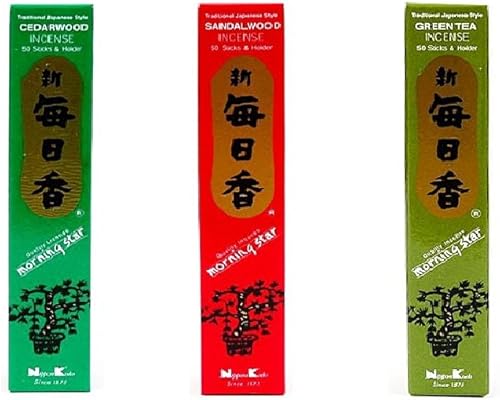 Miniatura 1 de nippon kodo Morning Star - Paquete de 3 cajas de incienso de 50 varillas (madera de cedro, sándalo, té verde) - Varillas de incienso de primera