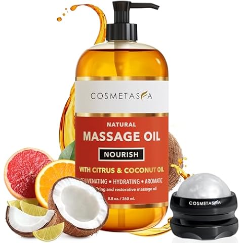 Natural Nourishing Massage Oil with Massage Roller Ball - Therapeutic Citrus & Coconut Massage Oils with Rejuvenating, Hydrating & Aromatic Essential Oils for Dry Skin, Soothes Muscle & Joints 8.8 oz Cover