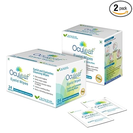 Waypham OCULEAF Eyelid Wipes Natural Tea Tree Oil, For Daily Eyelid Hygiene-Itchy-Irritated- Digital Eye Strain-Makeup Remover (Pack of 2, 24 + 12 Wipes)
