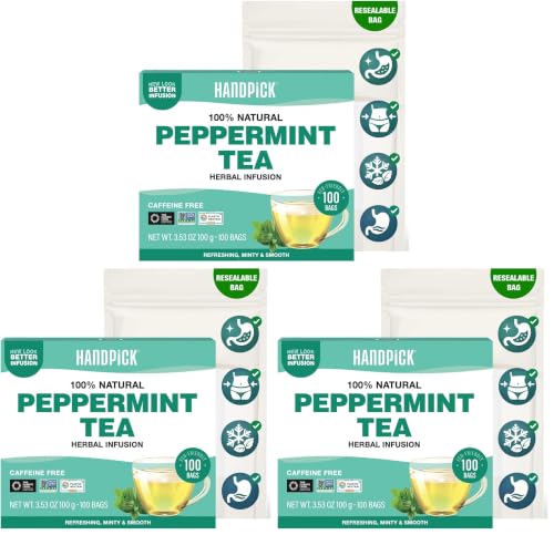 Image of HANDPICK, Peppermint Tea, Eco-Conscious Tea Bags - 100 Count | Caffeine Free, Non-GMO | Minty, Fresh & Cool flavor | Direct From Source (Pack of 3)