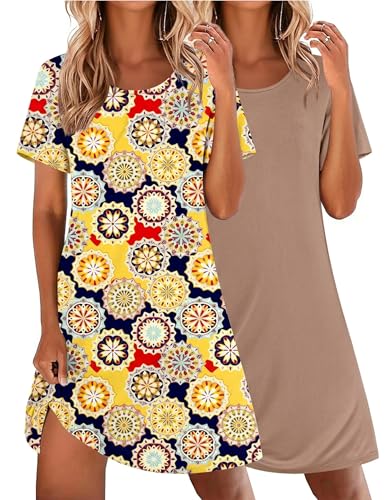 Image of Ekouaer 2 Pack Nightgowns for Women Sleepshirt Short Sleeve Night Shirts