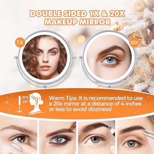 MIYADIVA Lighted Makeup Mirror, 20X Magnifying Mirror with Light, Double Sided Makeup Mirror with 20X/1X Magnification, 360°Rotation, 3 Colors Brightness Adjustable Vanity Mirror with 42 LEDs, 2000mAh - Thumbnail 2